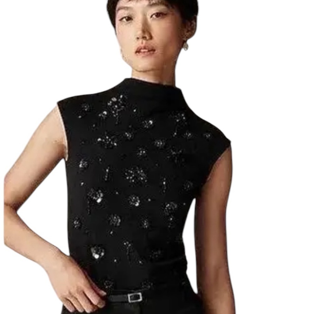 NEW J. CREW Stretch‎ cotton-blend mockneck with floral embellishment Size Small